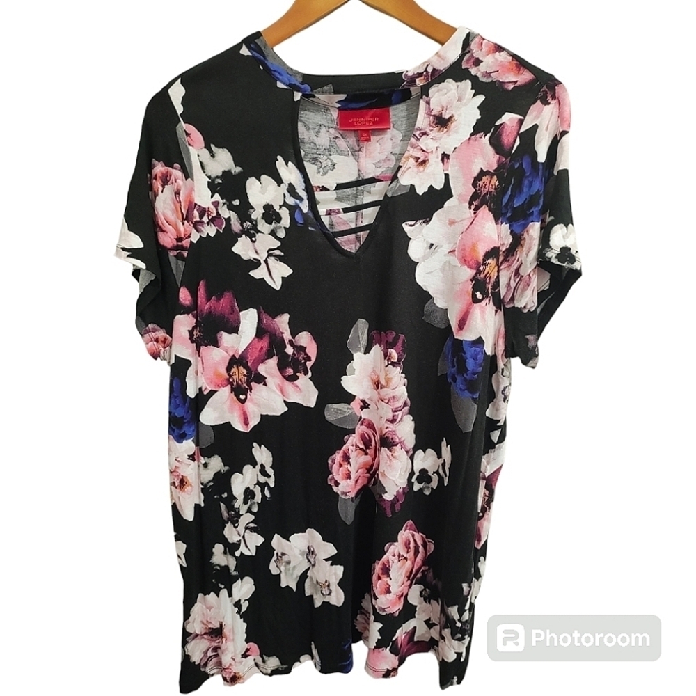 Jennifer Lopez Black Floral Cutout Neck Tunic